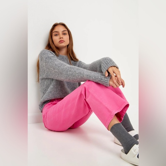 GREY LAB Jeans Women’s Size Large Pink Bright Denim Straight Wide Leg High Rise - Picture 8 of 14